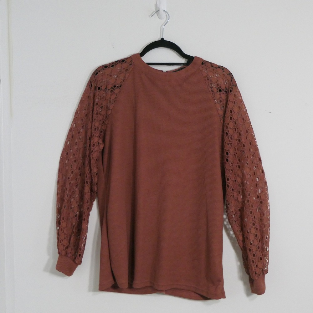 Miholl Women Top L Rust Waffle Knit Long Sleeve Lace Eyelet Boho Romantic Earthy